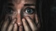 © Ellionn - Scared woman, emotion on face close up. Frightened girl afraid closeup. Horror in eyes. Emotional stress, mental health problem, panic attack.