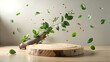 © RitaRuhi - A natural wood slice podium showcases a dynamic display of a branch with leaves and petals floating in the air