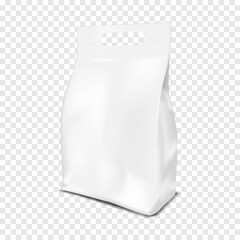 Canvas Print - white blank side gusseted plastic bag with die cut handle. realistic 3d vector mockup. hanging hole 
