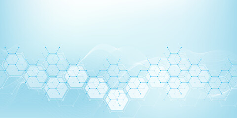 Wall Mural - health care or medical abstract background with hexagons, lines and dots. scientific innovation bann