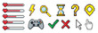 © dariachekman - Pixel game menu buttons. Game 8 bit ui controller arrows, level and live bars, menu, stop, play buttons vector illustration set. Gaming menu buttons. Game interface pixel, gui 8-bit graphic.