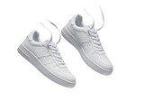 Pair of new white leather sneakers with untied shoelaces floating in the air. Isolated on transparent background, png