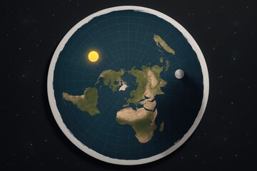flat earth model with continents sun and moon in space artistic illustration