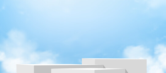 Wall Mural - blue sky background with 3d white podium platfrom for product display,summer sky with abstract mock 