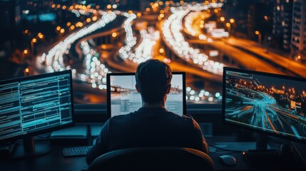 Person working at a computer workstation overlooking a city at night.