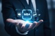 © RaCreative - Person holding digital M B A graduation cap diploma and checkmark icons business
