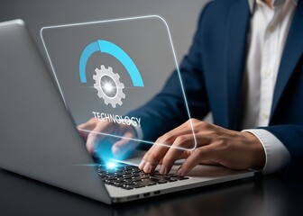 Person typing on laptop with technology interface and gear graphic computer hands