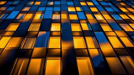 Wall Mural - a vibrant urban building facade at dusk, showcasing illuminated windows and reflections of the city