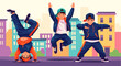 © Amie - Adobe illustrator artwork vector illustration of three kids breakdancing in vibrant urban setting, showcasing energetic street moves, ideal for youth culture, dance, and lifestyle themes.