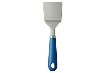 Metallic spatula with blue ergonomic handle, gleaming against transparent backdrop, ideal for culinary tasks