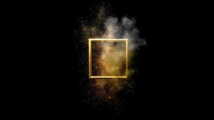Wall Mural - A gold frame with a black background. The frame is surrounded by a lot of gold dust. The frame is square in shape