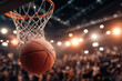 © Werabhat - A basketball going through a hoop during a game in an indoor stadium with bright lights and a blurred crowd.