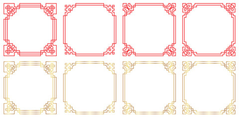 Wall Mural - Elegant set of eight decorative frames with Asian-inspired designs in red and gold