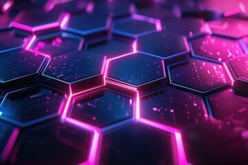 Wall Mural - futuristic glowing neon pink and blue hexagonal pattern creating a technological and digital backgro