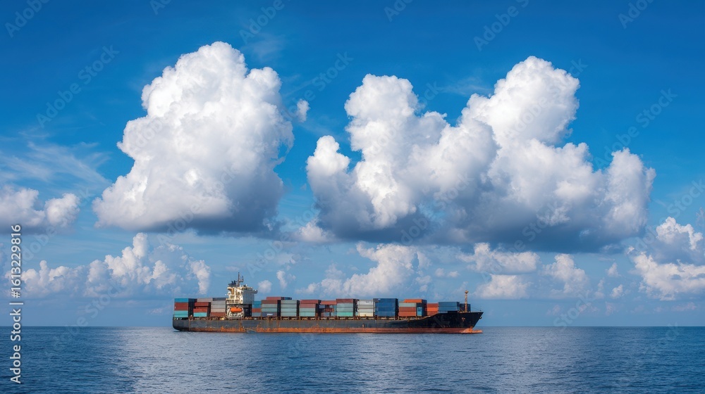 Fully loaded cargo ship on calm sea, side view.Global trade efficiency, maritime logistics and sustainable shipping,