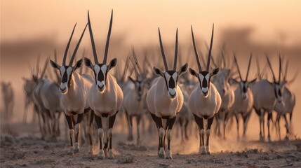  Herd of Arabian Oryx Walking Across Desert at Sunset with Warm Golden Light and Clear Sky