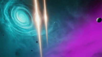Wall Mural - wormhole opening in a colorful nebula with planets and bright lights emanating from the center creat