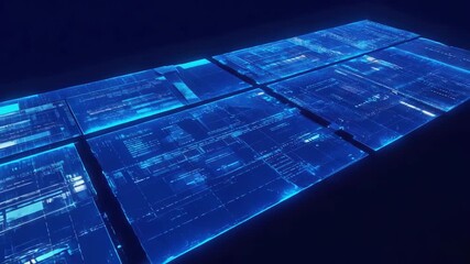 Wall Mural - multiple glowing blue digital panels are displaying complex data streams, symbolizing the power of m