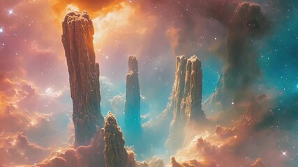Wall Mural - pillars of creation, breathtaking rock formations, rise from a vibrant nebula, showcasing the wonder