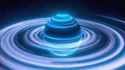 Wall Mural - futuristic blue sphere with glowing stripes spinning over concentric circles of light, creating a me