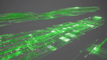 Wall Mural - complex green circuit board with glowing paths and components flowing through virtual cyberspace, re