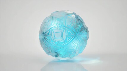 Wall Mural - glowing light blue crystal sphere featuring star-shaped facets reflects beautifully on a pristine wh