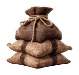 Harvesting success stacked burlap bags storage product display rustic charm isolated on transparent background, png