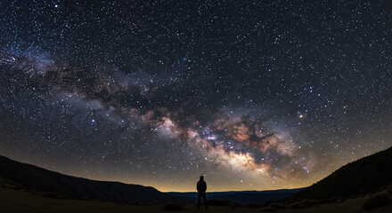 Wall Mural - person standing on a natural overlook, gazing at a vast, clear night sky filled with countless stars