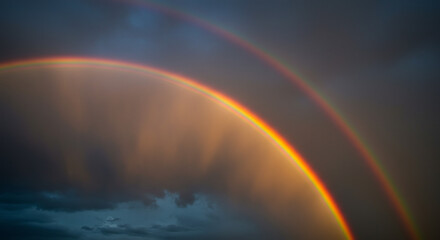 Wall Mural - magnificent rainbow arcing across a dramatic sky after a thunderstorm, with vibrant colors against d