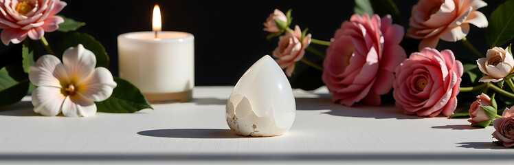 Wall Mural - delicate white quartz geode sits atop light gray surface amidst soft candlelight surrounded vibrant blooms spill