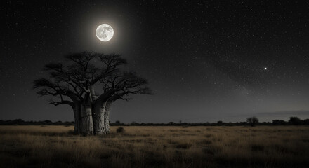 Wall Mural - solitary, ancient baobab tree standing majestically in a vast savanna under a star-filled night sky