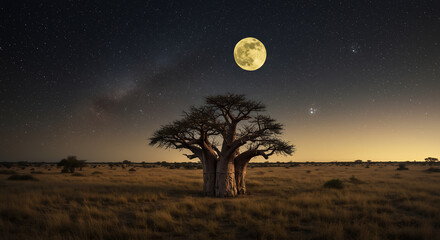 Wall Mural - solitary, ancient baobab tree standing majestically in a vast savanna under a star-filled night sky
