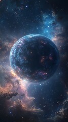 massive alien planet orbited by nebulae and stars in deep space cosmos