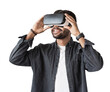 © kite_rin - Young man using virtual reality headset isolated in transparent PNG, VR, future, gadgets, technology concept