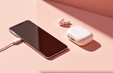 Wall Mural - shot smartphone paired wireless earbuds charger soft blush pink background warm natural light subtle