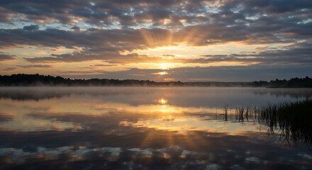 Wall Mural - serene lake at dawn, with the first rays of sunlight breaking through the clouds, reflecting on the 