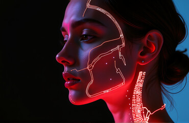 Wall Mural - woman profile bathed soft focus light skin subtly illuminated intricate network glowing neon circuit