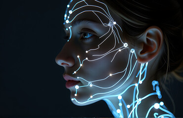 Wall Mural - woman profile bathed soft focus light skin subtly illuminated intricate network glowing neon circuit