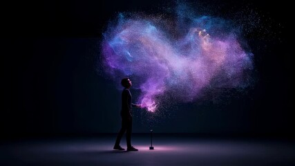 Wall Mural - man interacting with abstract glowing particles creating a colorful aura. futuristic technology and 