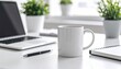 © Photo by mQ - Corporate mockup of a company-branded coffee mug on a modern office desk with a laptop and notebook. Branding template.