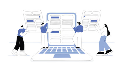 People collaborating on a large laptop with website mockups and user interface elements displayed on screen