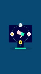 Wall Mural - a megaphone on a computer surrounded by search, social media, email marketing and revenue icon repre