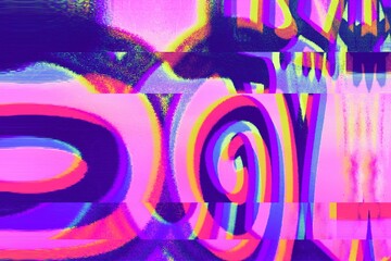 Wall Mural - glitch art effect with neon swirl in pink, purple, yellow. retro 90s, y2k style, vibrant distortion,