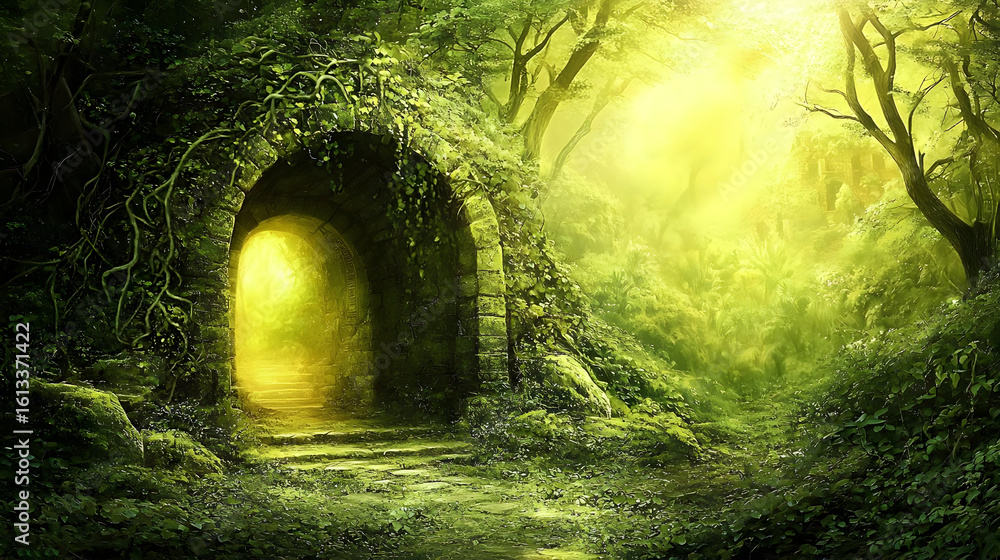 Ancient stone archway leads into sunlit forest. Lush green foliage and ...