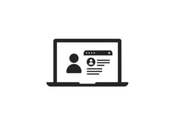 A black and white vector graphic shows a laptop displaying a profile page with a user icon and text.