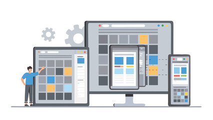 Man presenting website design on computer tablet and phone with gear icons in the background view