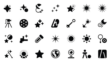 Collection of Black and White Icons Featuring Stars Sun Tools and More for Website Design and Creative Projects