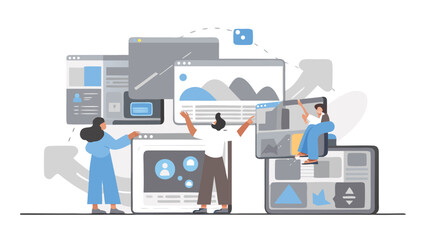 Illustration of people interacting with multiple layered website interfaces and arrow graphics