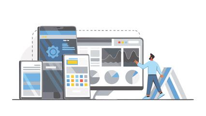 A man pointing at a screen with graphs and charts surrounded by mobile devices and a logo behind