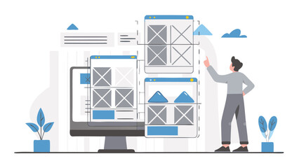 Man pointing at wireframes on computer screen with plant and clouds in the background illustration